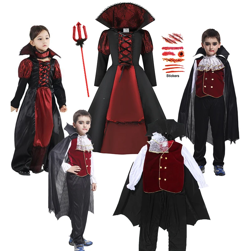 Kids Black‑Red Vampire Costume Boys Girls 2‑Style Cosplay Outfit with Trident Tattoo Stickers for Halloween Holiday Party