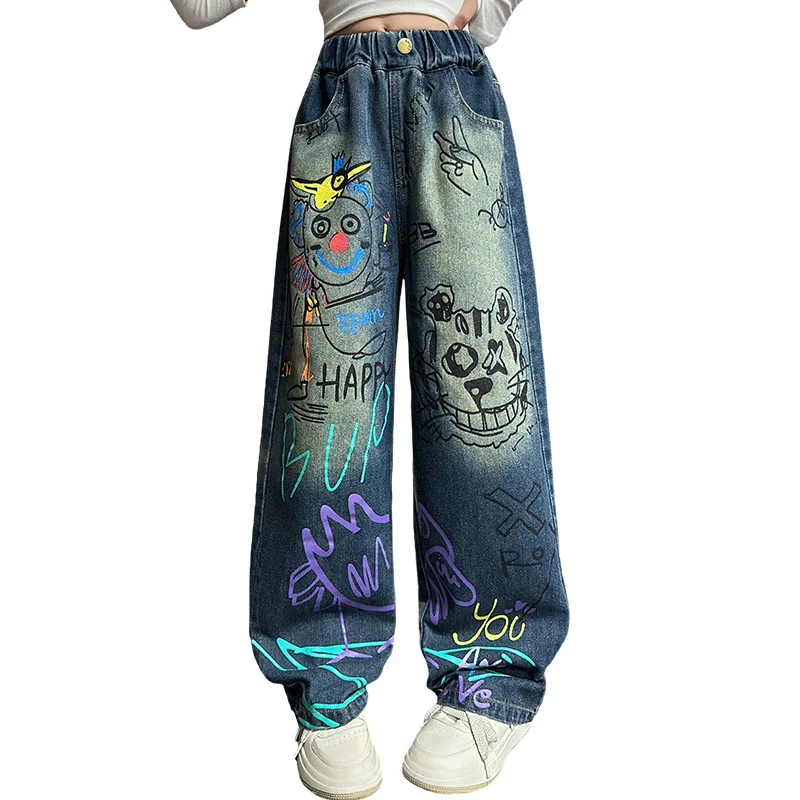 Kids Jeans for Girls Fashion Graffiti Dyeing 2024 Spring Autumn Hot Sales Teenager Unique Wide Leg Pants Korean Style Trousers