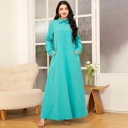 Elegant style Lapel Solid color Pocket Buttons Applique Shirt sleeve Long Dresses