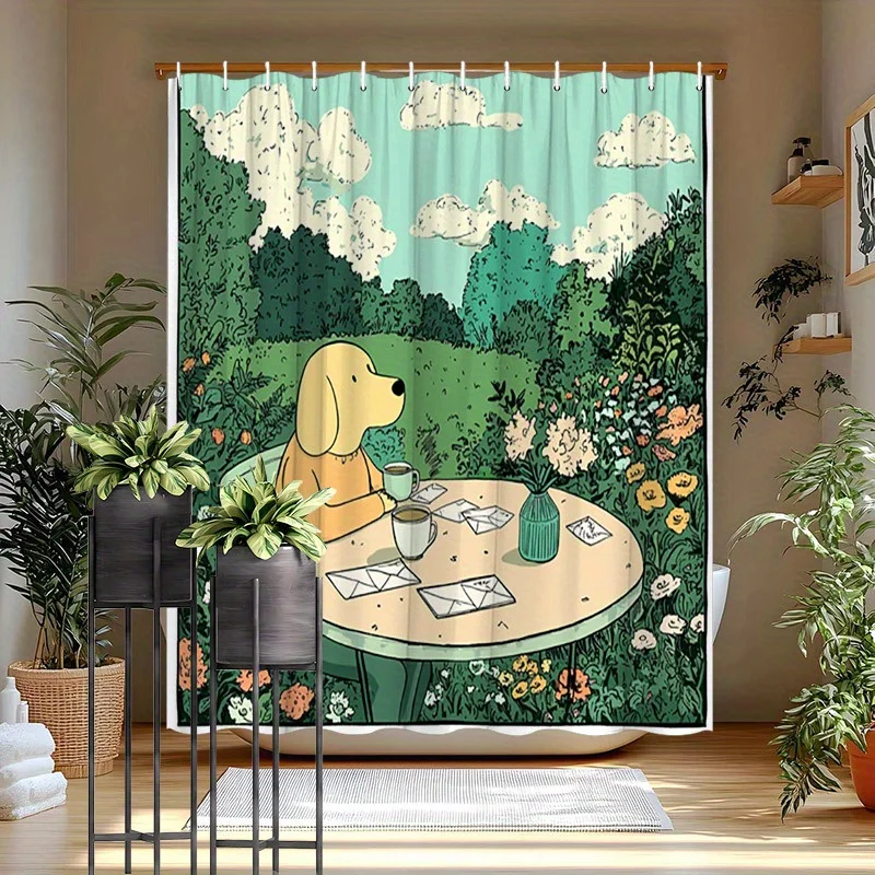 Charming Puppy by the Lake Shower Curtain - Water-Resistant, Easy to Clean, Adds a Cute and Serene Touch to Your Bathroom Decor