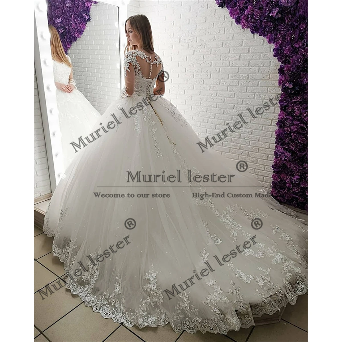 공주풍 볼 가운 웨딩드레스, 신부용 O넥 레이스 아플리케 브라이덜 가운, 맞춤 제작 긴팔 드레스, 웨딩드레스