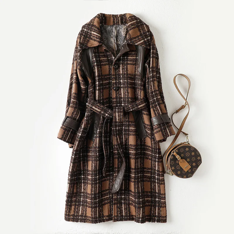 

2025 New Spring Women Plaid Trench Coat Wool Slim Fit Long Sleeve Plus Size Elegant Long Jacket