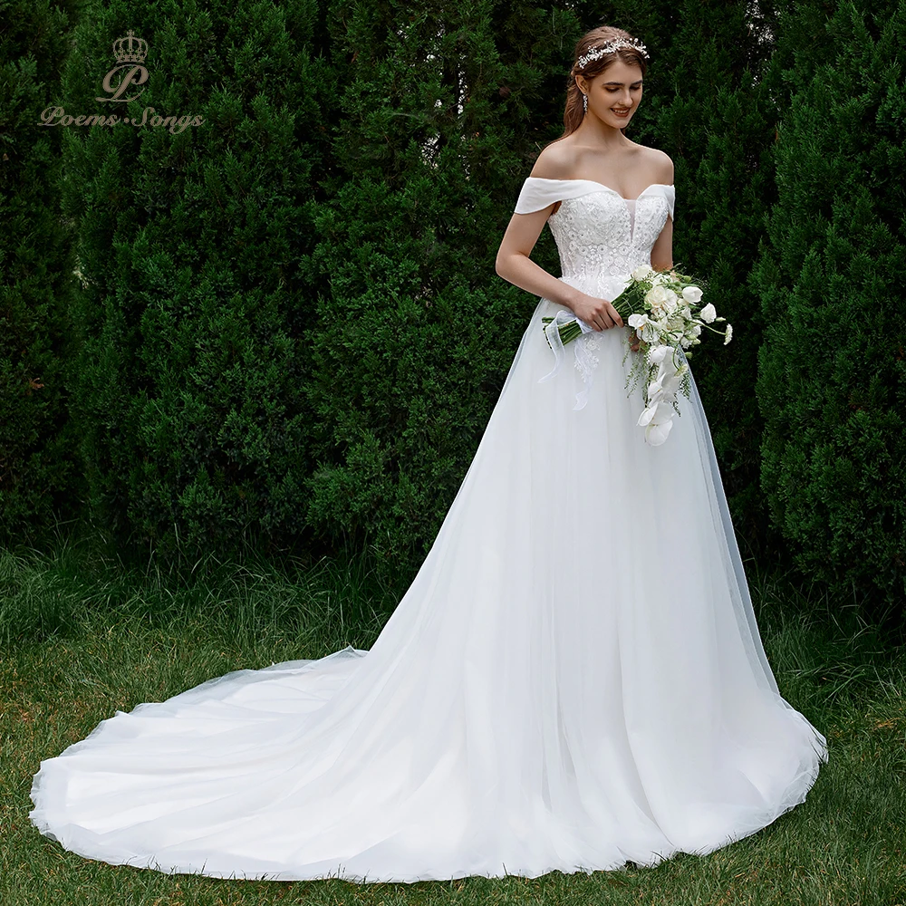 

Customized Elegant Vestidos de Novia Wedding Dress with Off-Shoulder Design and Floral Embroidery Perfect for Your Special Day