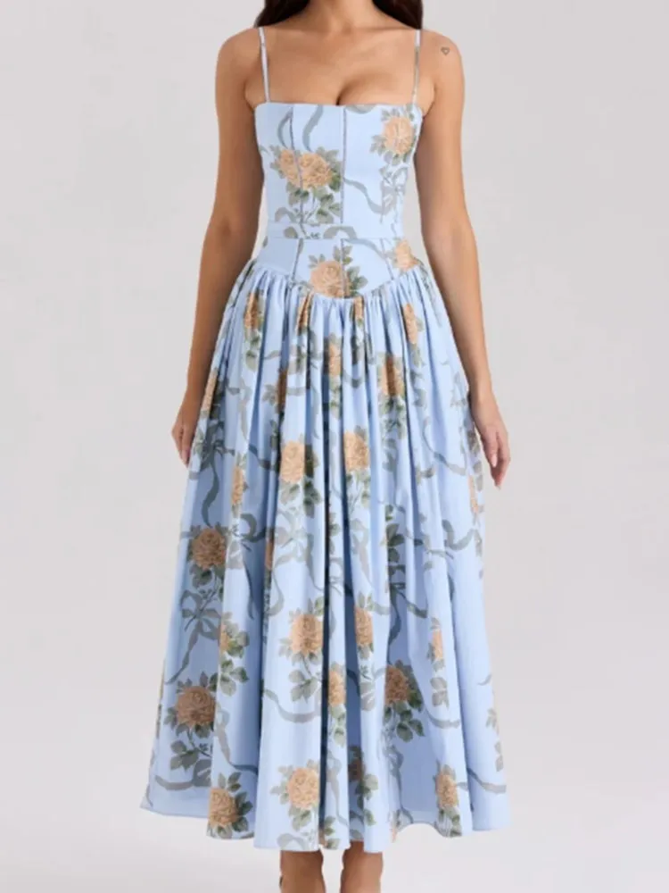 Women's Temperament Commuting Suspender Dress Summer Elegant And Gentle Style Thin Flower Sleeveless Chest Mid-waist Long Skirt