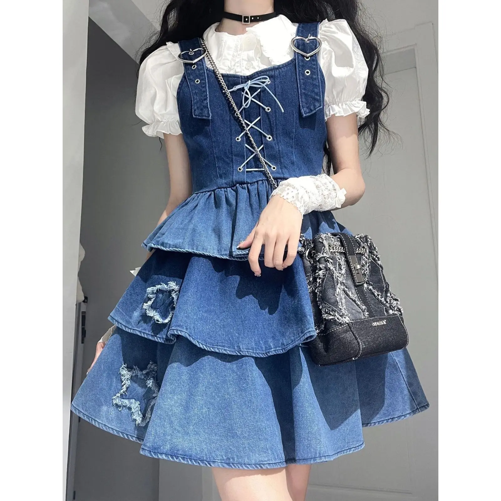 Fashion White Lace Puff Sleeve Shirt Bandage Pleated Denim Suspender Dress Women Y2k 2024 Sweet Lolita Dress Suit Plus Size