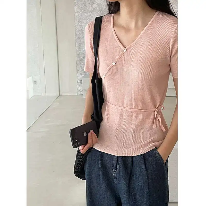 Mulan Vne Slimfit محبوك Tirt المرأة عادية Sle ربيع جديد Arr ort Sve لون نقي القطن 00% Tirt