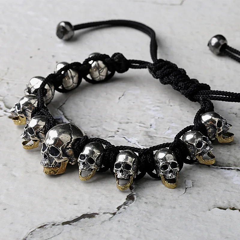 BOCAI S925 Silver Covered In Skulls Woven Bracelet Skull Mouth Can Be Opened Length Can Be Adjusted
