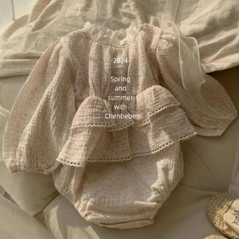Floral Rompers Spring New Korean Fashionable Cute Sweet Casual Long Sleeved Floral Lace Stand Up Collar Princess Rompers