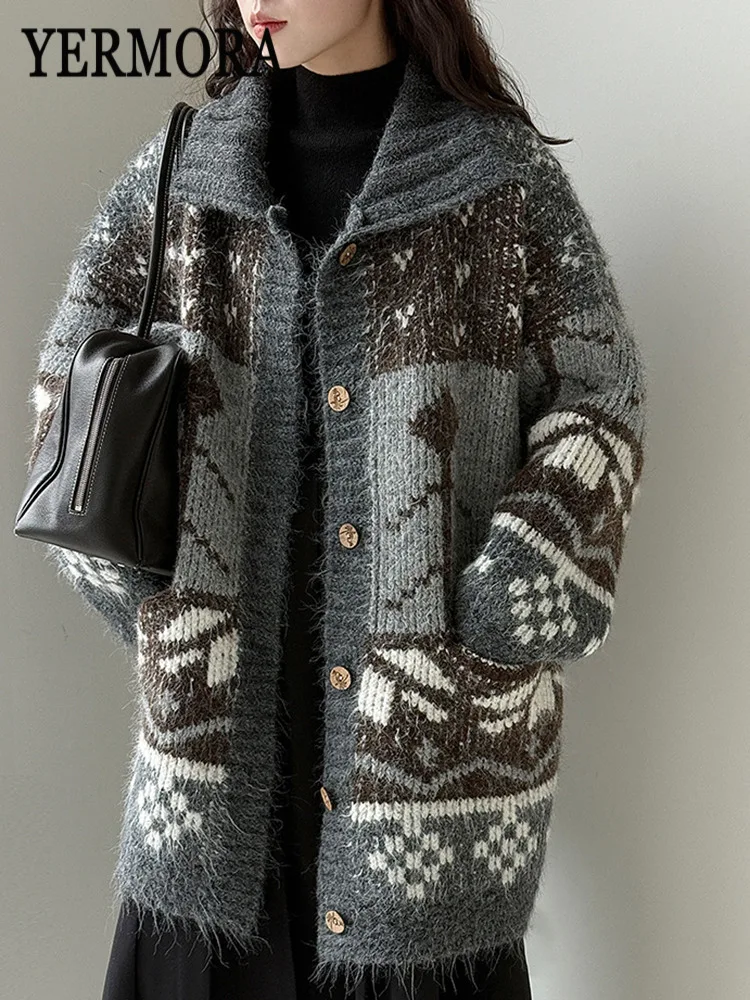 

YERMORA шерстяной винтажный вязаный кардиган с цветными блоками и пуговицами, свободный новый свитер с длинными рукавами и лацканами, модный прилив, осень-зима 2025