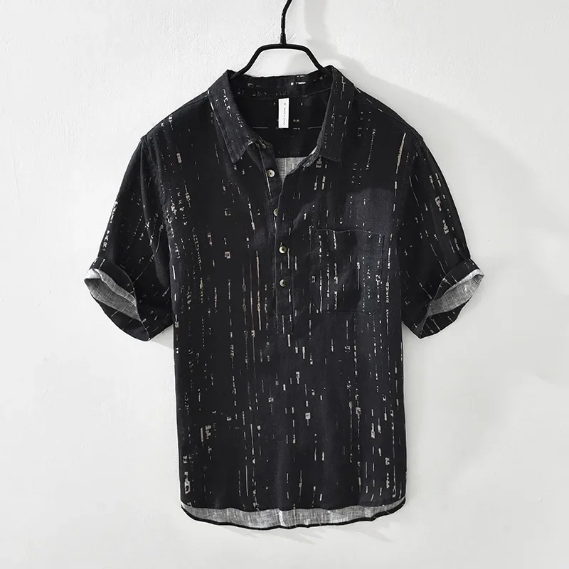 Japanese Lazy Style Half Sleeve Mens Shirts Summer Beach Men Top Casual Breathable 100% Linen Tees Pocket Pullover Printed Shirt