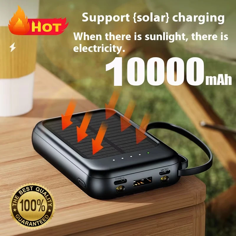 

10000mAh Mini Solar Power Bank Built Cables Solar Charger 2 USB Ports External Charger Powerbank for Xiaomi with LED Light