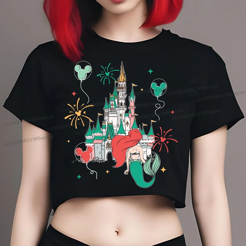 Vintage Ariel princesa Crop Top Disney La Sirenita Castillo Mágico bebé camiseta verano moda mujer Linda Camiseta corta caliente