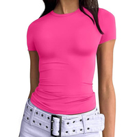 Women Round Collar Short Sleeve T-shirt Tops Sexy Sim Stretch Y2K Slim Tee Shirt Tops SSFZC-2425