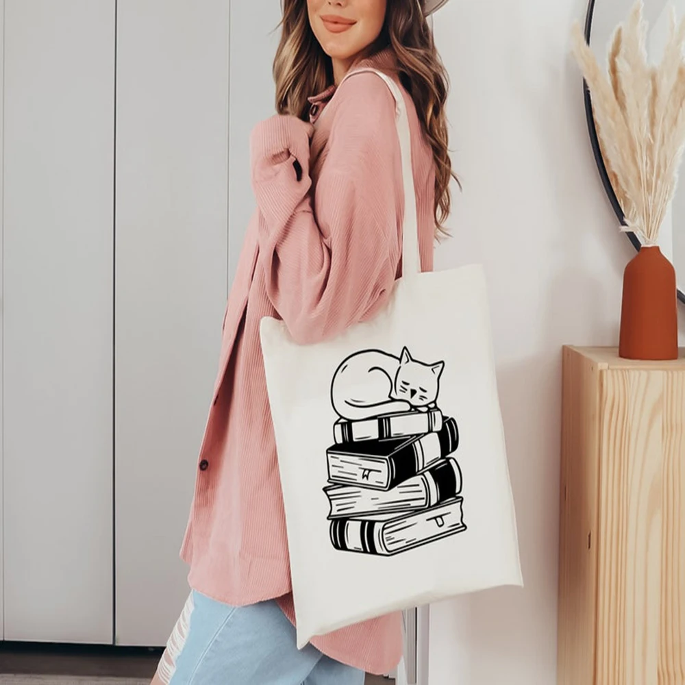 

Lovely Book Tote Bag Personalized Cute Cat Durable Canvas Bag Book Lover Gift Library Minimalist Shopping Tote Shoulder Bag