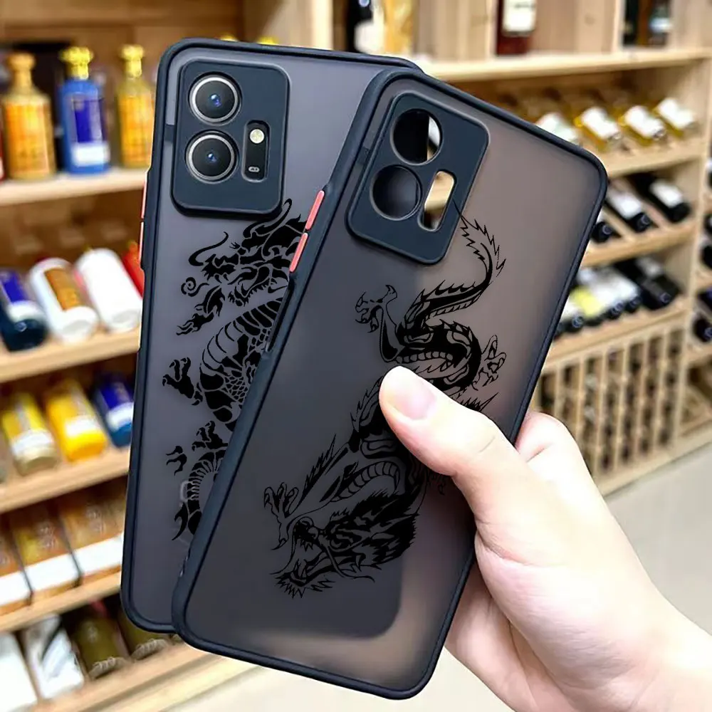 Matte Phone Case for VIVO Y93 Y91 Y78 Y77 Y76 Y75 Y72 Y53 Y52S Y50 Y35 Y22 Y21 Y20 Y15 Z1 4G 5G Case Line Drawing Chinese Dragon