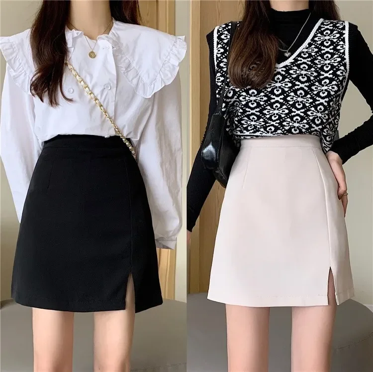 High-waisted Mini Skirt Side Slit A- line Suit Xs Summer Outfit Women's Fashion Tightening Waist Hip Enhancing