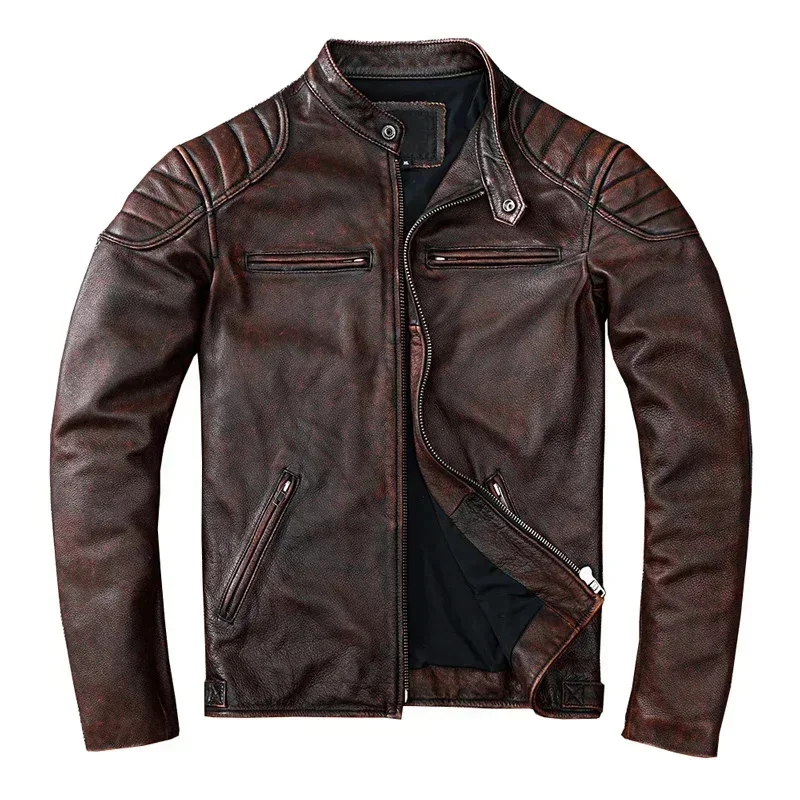 New Vintage Style Mens Real Cowhide Clothes Biker Genuine Leather Jacket Fashion Brown Slim Coat Men Cow