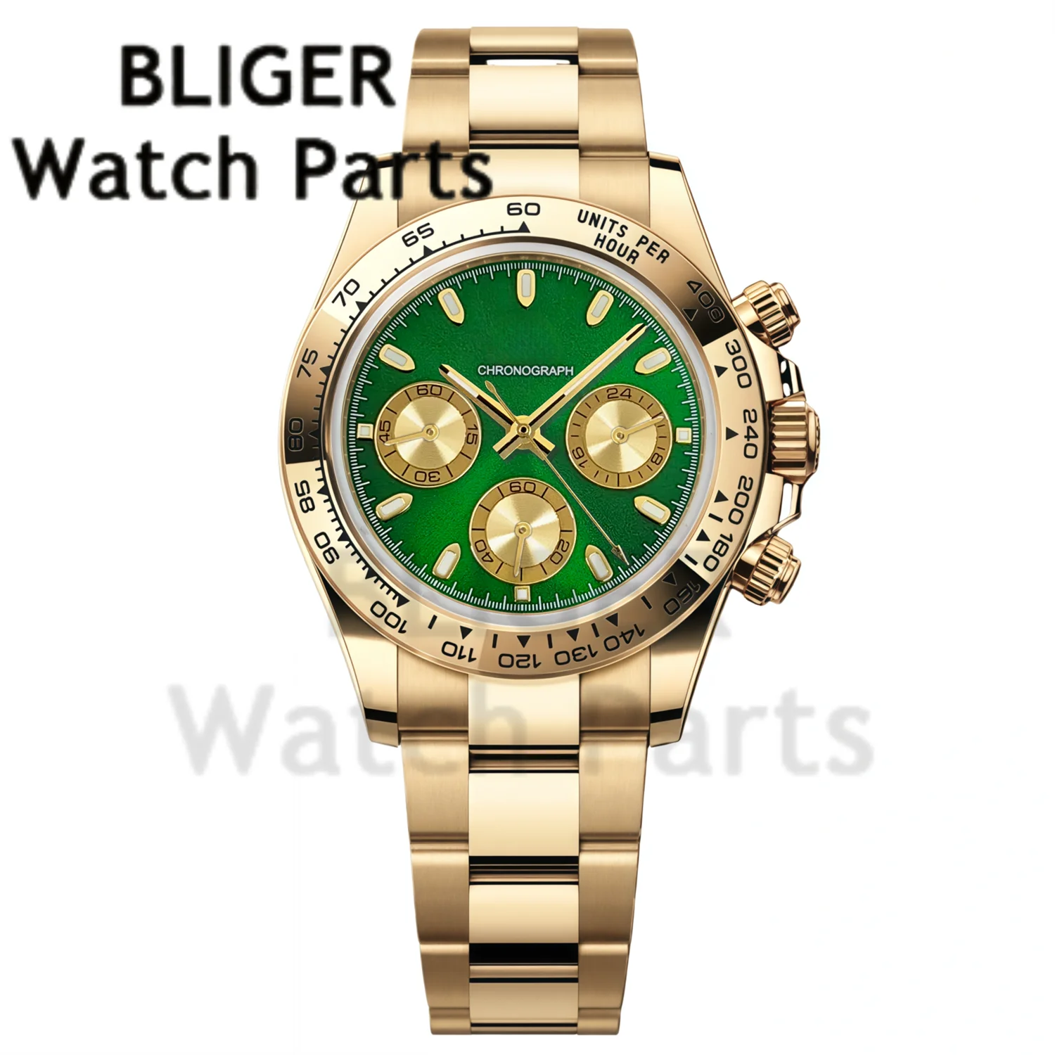 BLIGER Luxury 39.3mm Gold Men's Multifunctional Quartz Watches VK63 Chronograph Sapphire Oyster Strap Steel Diver Watch For Men