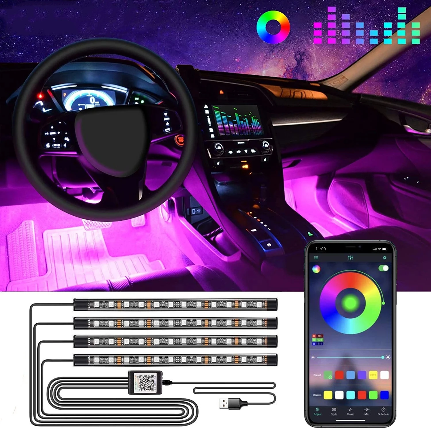 Car atmosphere light led decorative light 5050 12smd one drag four 18 light APP colorful voice control foot atmosphere light