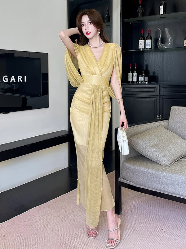 

Elegant Summer Mesh Dress Women's Wrap Bodycon Skirt Design Sensation Celebrity Thinming Long Skirt V Neck No Sleeve