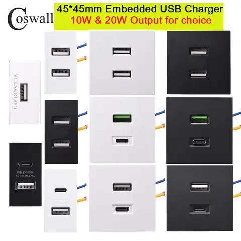 Coswall Wall Dual USB Socket Type-A & Type-C Dual USB 20W Fast Charger ,PD 20W QC 3.0 DIY Module