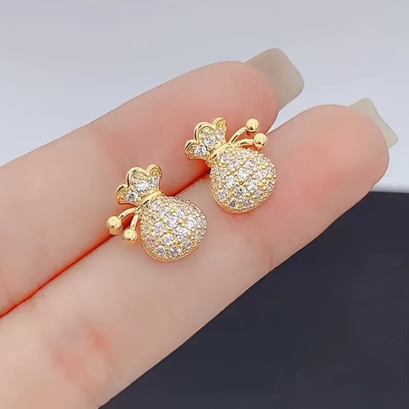 Mini Cute Money Bag Earnail Cube Synthetic Zirconia Wealth Bag Design Mini Cute Earnail Women's Daily Lucky Jewelry Gift
