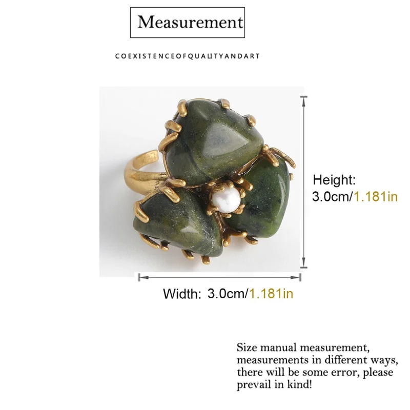 Vintage Dark Green Agate Natural Stone Rings For Women Three Petal Flower Elegant Pearl Gold Color Jewelry Quality Wedding 2025
