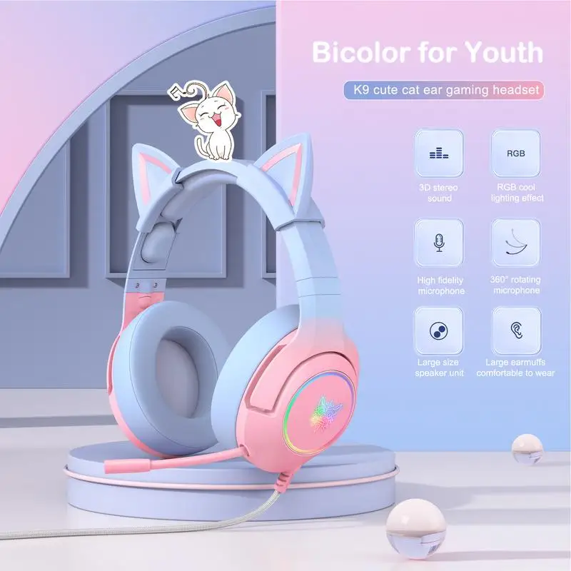 

Новая гарнитура с кошачьими ушками, беспроводная RGB-подсветка, наушники с улыбкой на лице, вращающиеся наушники, игровая гарнитура, розовые наушники для маленькой девочки, подарок