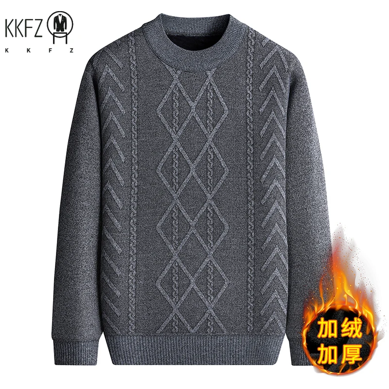 Thick Fleece Men Crew Neck Jumper Vintage Cable and Diamond Woven Texture Soft Knit Fabric Outdoor Daily Warm Top