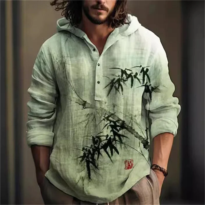 Spring and Autumn Shirt Independent Station Casual Bamboo Hawaiian Style Printed Shirt Men\'s Top Long Sleeve Hooded Pullover