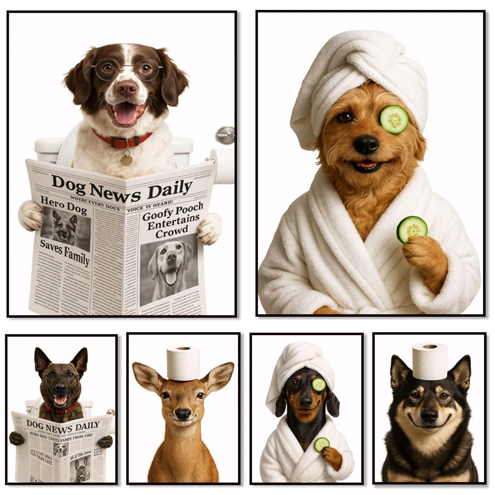 Deer in bathrobes, East Siberian Laika, Dutch Shepherd, Dutch Shepherd, Drenthe Patri, Dachshund reading, bathroom posters