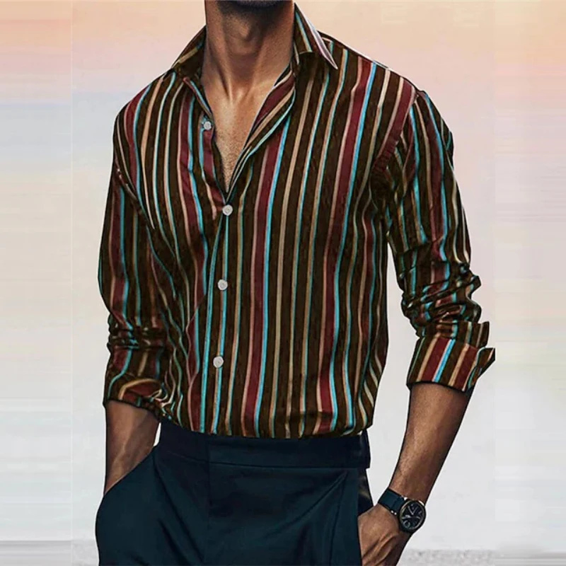 Fashionable men's striped pattern shirt 3D digital printing lapel button top for office, dating, casual street, daily men's shir