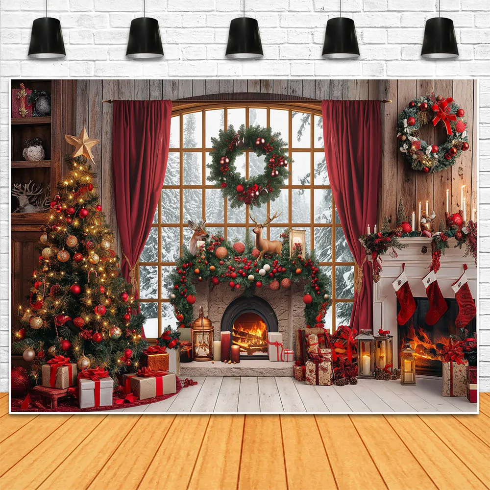 Mocsicka Christmas Backdrops for Photography Window Fireplace Xmas Tree Wreath White Floor Family Portrait Background Photoshoot