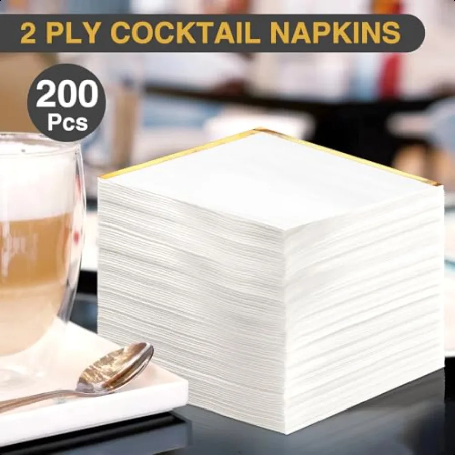 กระดาษเช็ดปากค็อกเทล 200 ชิ้น กระดาษเช็ดปากสีขาว 2 ชั้น ขอบสีทอง กระดาษเช็ดปากเครื่องดื่มลายฟอยล์สีทอง กระดาษเช็ดปากตกแต่งสำหรับงานเลี้ยงค็อกเทล