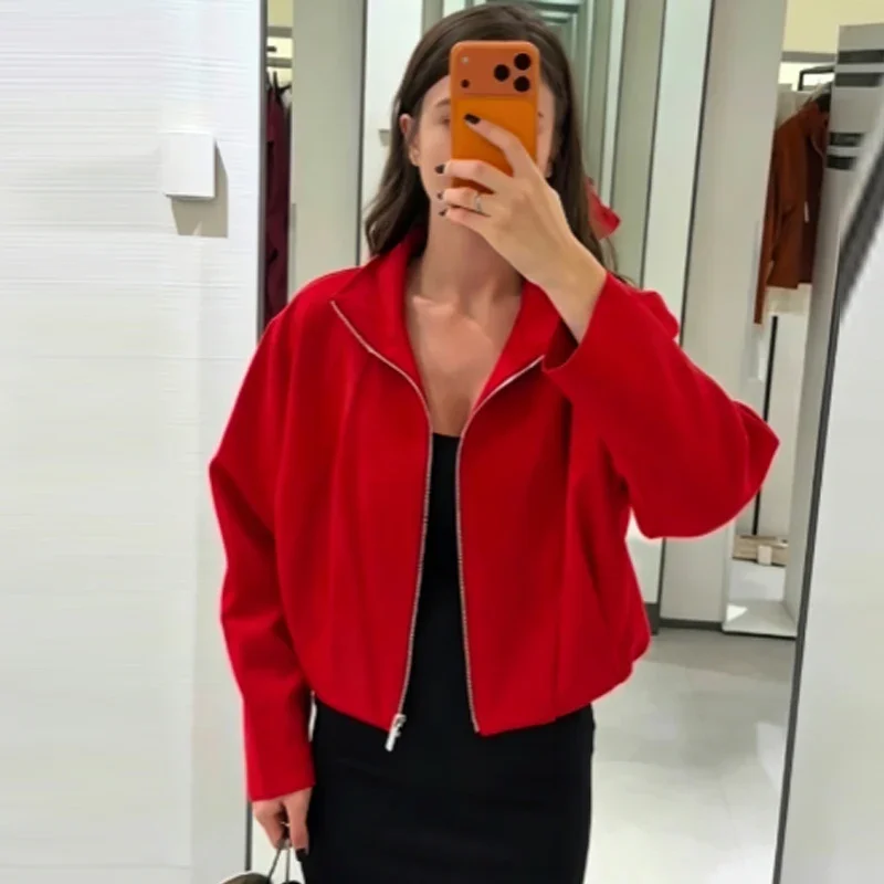 2026 Women's Cropped Bomber Jacket Autumn Black Red Outerwear Elegant Loose Stand Collar Zip Up Tops Chic Street Style Coat
