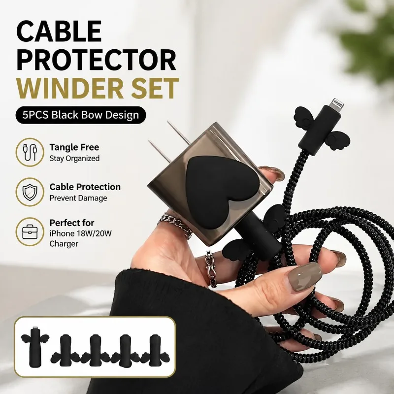 Cable Protector Winder Set, Black Bow Design Charging Data Line Organizer Cover for IPhone 18W/20W Charger