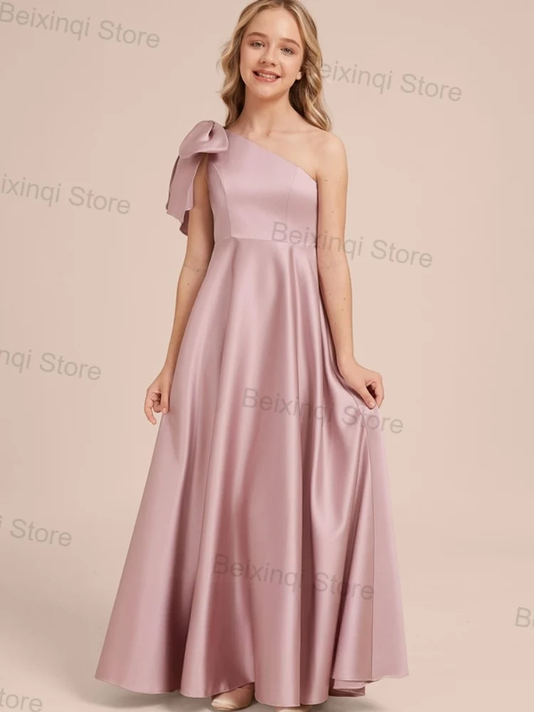 

Dresses For Elegant Party Girls Bean Paste Colo Satin Single Shoulder Bow Special Offer Child Elegant Evening Party Prom Dresses