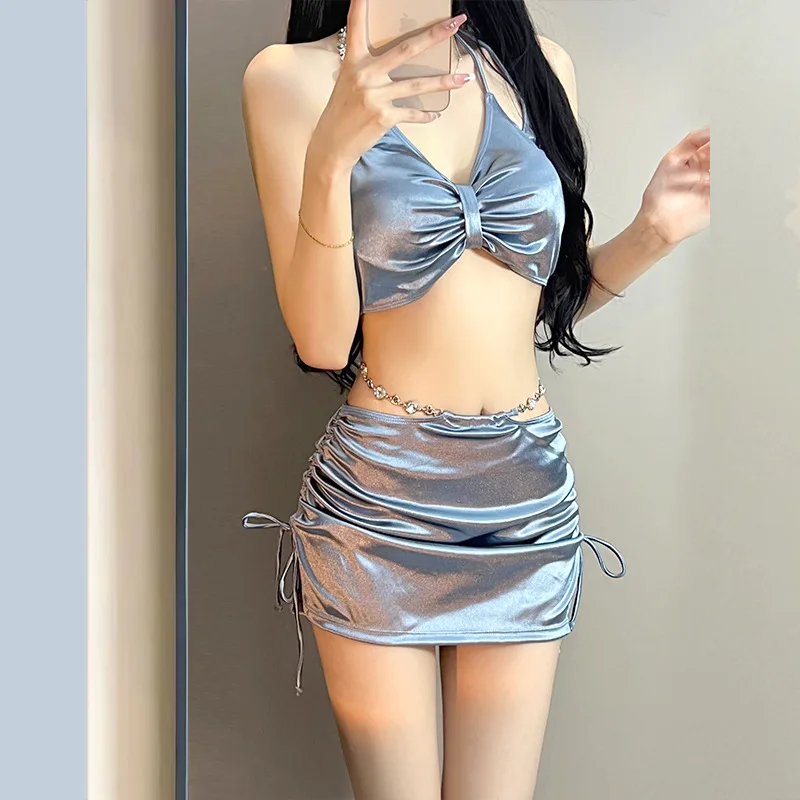 Silver Metallic Korean Style Y2K Sexy Bikini Set Women Swimwear Two Piece Halter Beach Wear Skirt Swimsuit With Skirt