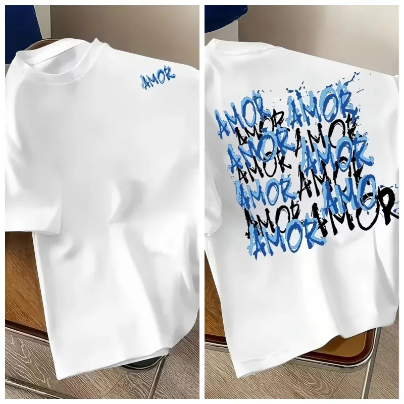 AMOR Letter Streetwear Men Women T Shirt Tee Casual Oversized Vintage Harajuku Trendy Breathable Comfortable Clothing All-season