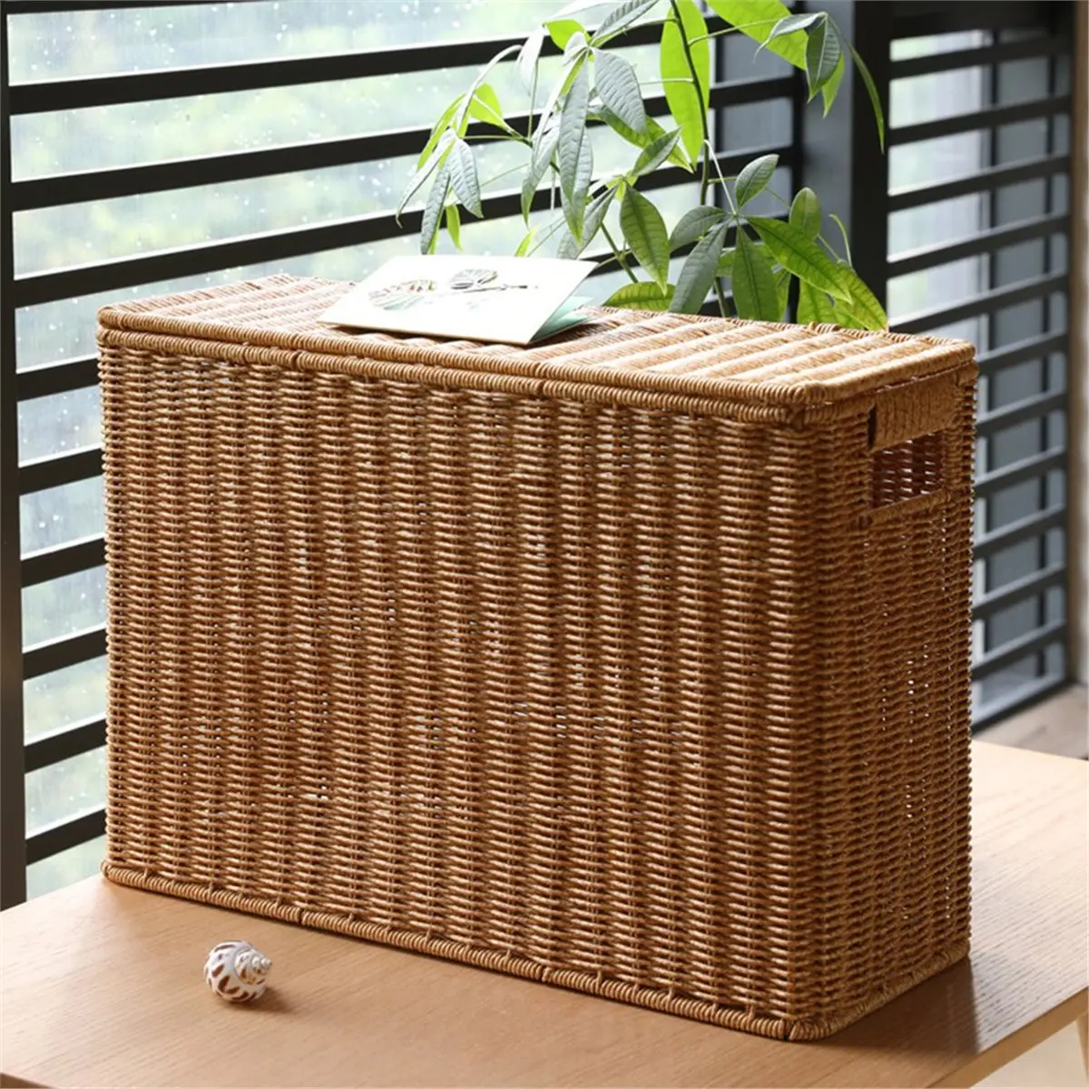 Woven Rattan Narrow Tall Covered Storage Box,Space-Saving Magazine Basket for Corner, Sofa Edges
