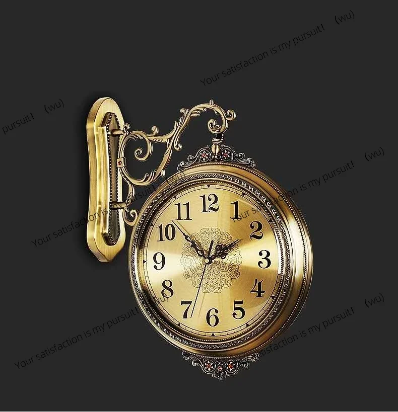 European Metal Double-sided Wall Clock Modern Living Room Retro Clock Creative Pendant Rotating Quartz Two-sided Clock Round