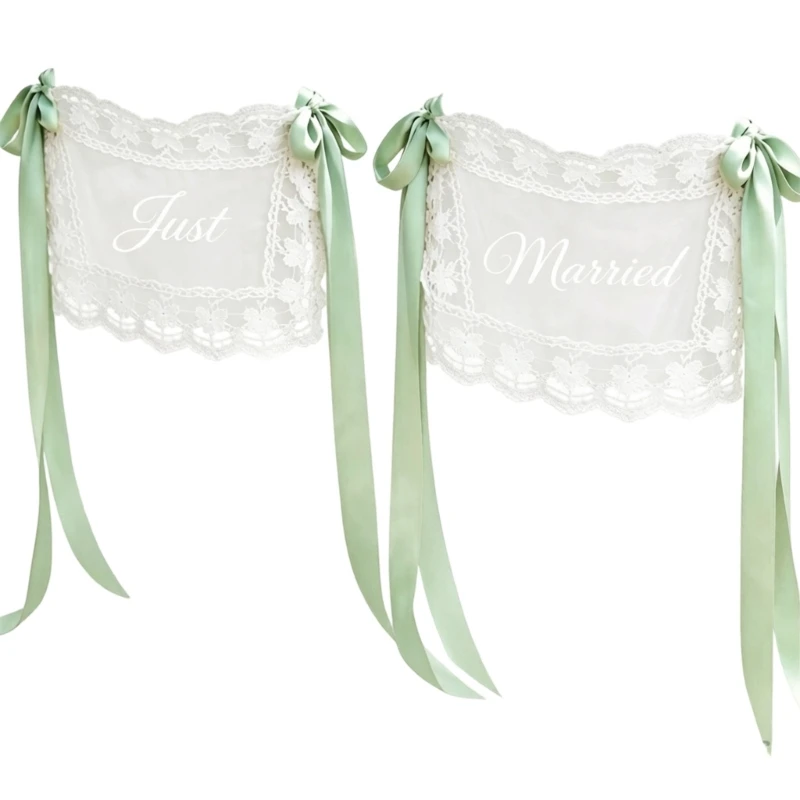 Just Married Sheer Panels Chair Back Sleeve with Ribbon Fasteners Ceremony Table Chair Sign Ornament Pair for Wedding and JOMD