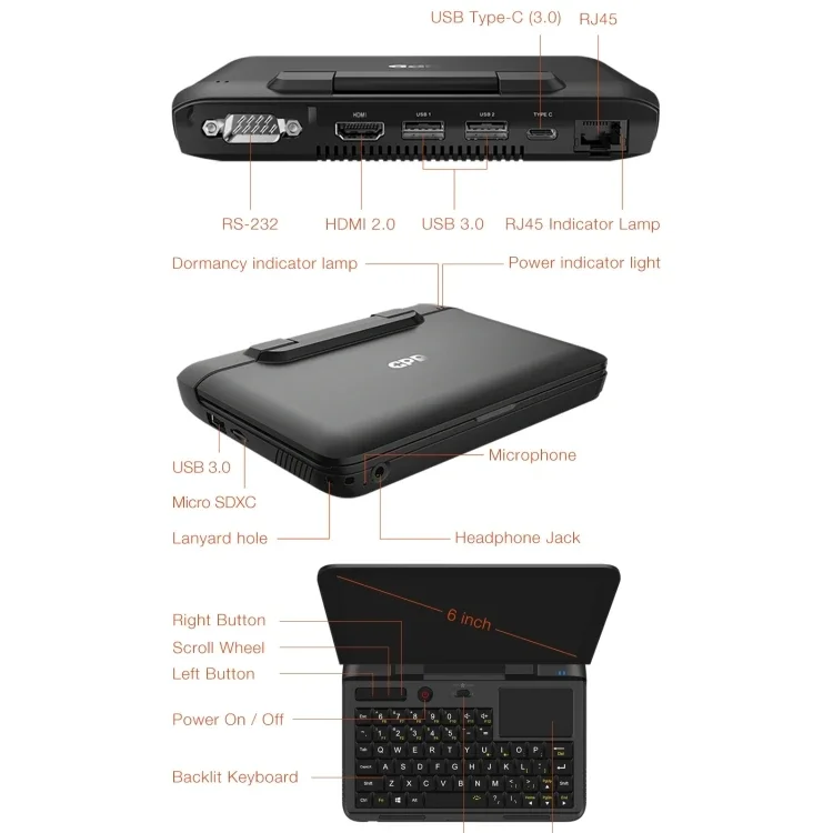 2025GPD MicroPC Mini Gaming Laptop 6.0 inch 8GB+256GB Win 10 Intel Celeron N4120 Quad Core Mini Gaming Business Laptop Computer