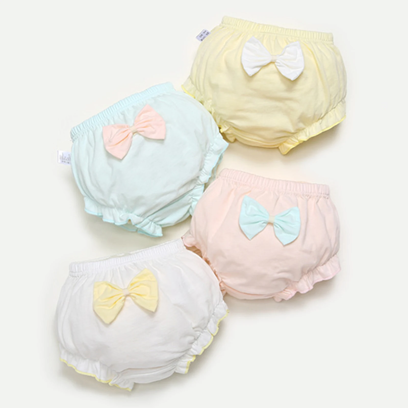 Infant Girls Casual 4Pcs Set Briefs Bread Pants Elastic Waistband Ruffle Bowknot Shorts Reusable Nappies Diaper Cover Underwear