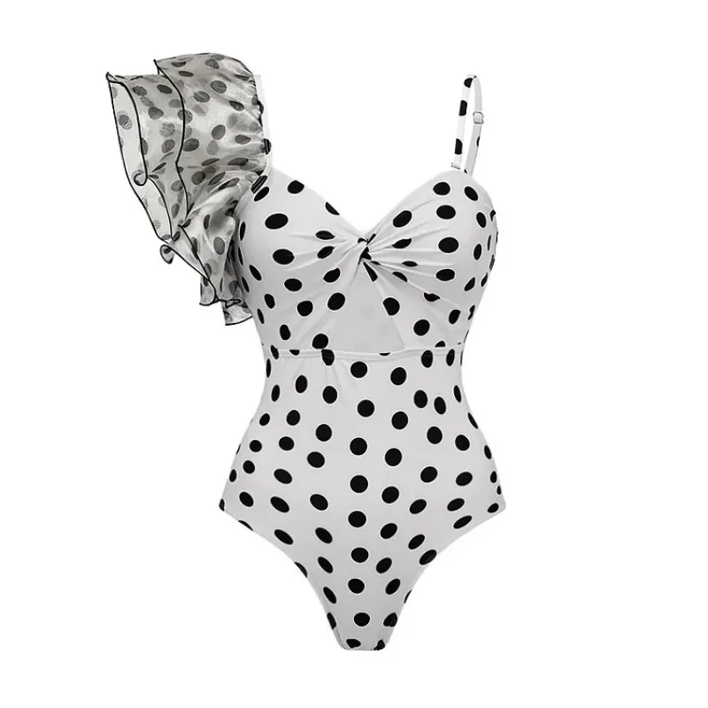 Vintage Ruffle Dot Printed Swimsuit and Skirt for Women, Vacation Swimwear, Luxury Bathing Suit, New