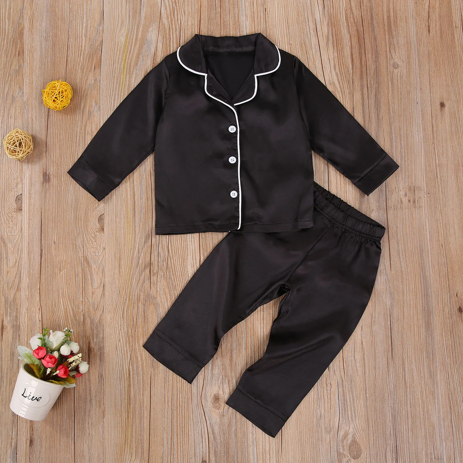 2020-09-09 Lioraitiin 1-7T Toddler Baby Black Satin Pajamas Infant Boy Short/Long Sleeve Pants Sleepwear Casual 2PCS Homewear