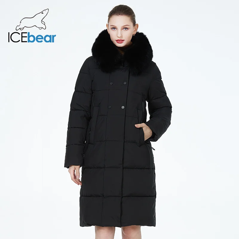 ICEbear-Casaco Longo de Pele para Mulheres, Casaco Feminino à Prova de Vento Quente, Bolsos, Zipper Parka, GWD3935-2I, Novo, Inverno, 2023