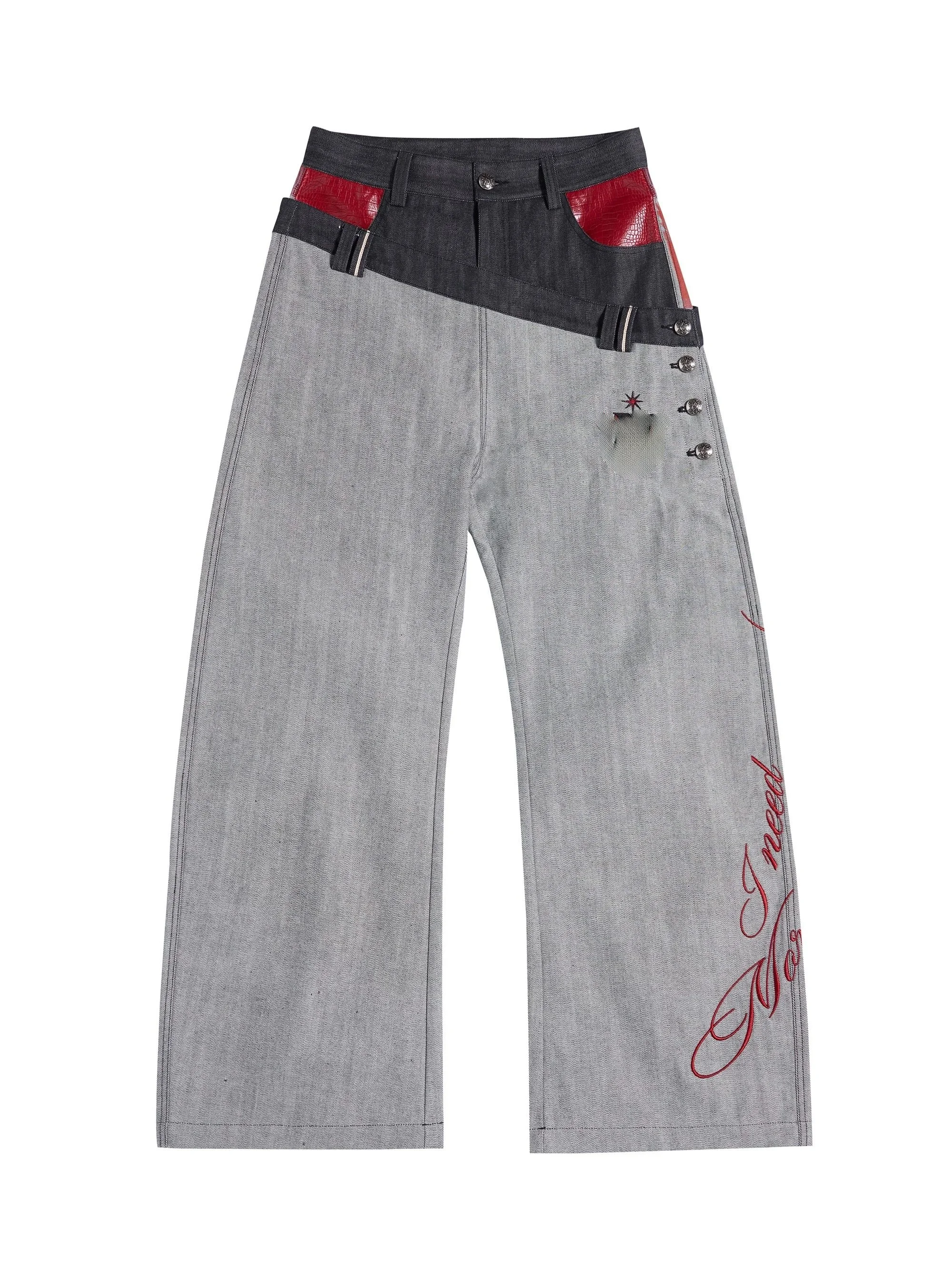 American Street Splicing Design Wide Leg Original Jeans Men's Loose Versatile Retro Letter Wide Denim Pants Straight Cut