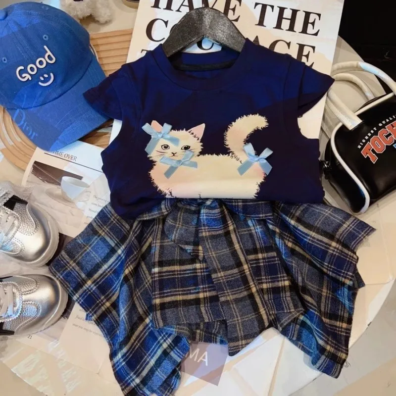 

TOY-Girls' Short SleeveTPlaid Shirt and Skirt Set Summer Women's Fashionable Cartoon Top Irregular Skirt Two-Piece Set