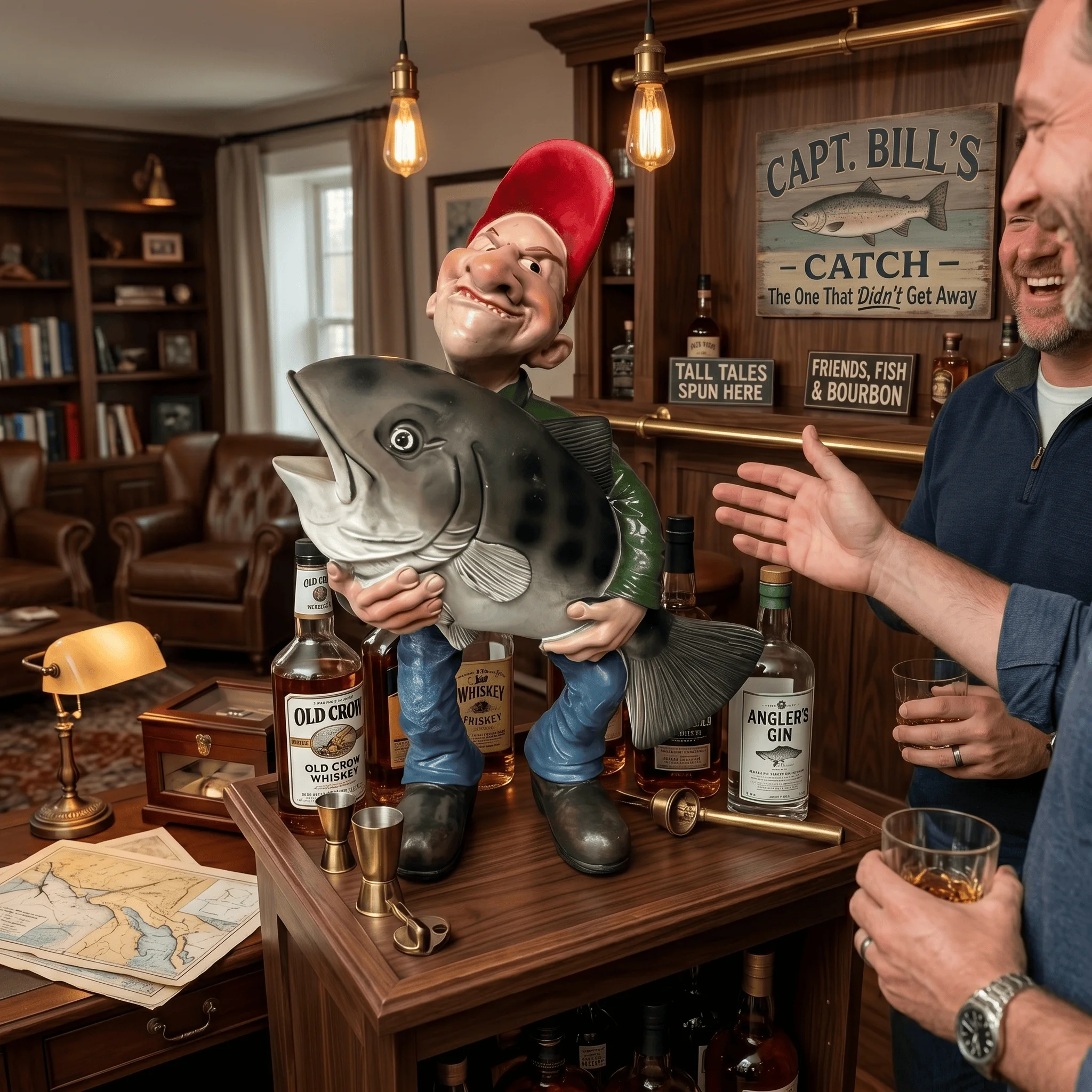 Lustige Skulptur eines Fischerfisches mit großem Fisch, dekorative Harzstatue, ideal für Zuhause, Büro, Schreibtischdekoration, perfektes Geschenk für Männer.